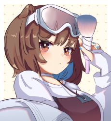 Rule 34 | 1girl, absurdres, animal ears, arknights, binware, blue nails, blush, brown eyes, brown hair, brown overalls, choker, commentary, fingerless gloves, gloves, goggles, goggles on head, hand up, highres, holding, holding brush, jacket, looking at viewer, makeup brush, nail polish, off shoulder, open clothes, open jacket, otter ears, overalls, portrait, roberta (arknights), shirt, short hair, simple background, solo, white choker, white gloves, white jacket, white shirt