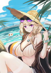 Rule 34 | 1girl, absurdres, arknights, bare shoulders, bikini, breasts, brown hair, bupa chila, commentary request, eyewear on head, hand up, hat, highres, huge filesize, large breasts, looking at viewer, off shoulder, official alternate costume, purple eyes, short hair, solo, stomach, sun hat, sunglasses, swimsuit, swimsuit cover-up, thighs, utage (arknights), utage (summer flowers) (arknights)