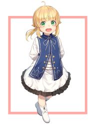 Rule 34 | 1girl, :d, absurdres, arms behind back, blunt bangs, character request, child, dress, frilled dress, frills, green eyes, highres, long sleeves, m.tokotsu, mushoku tensei, neck ribbon, norn greyrat, open mouth, ponytail, ribbon, smile, solo, standing, white background, white footwear, white ribbon