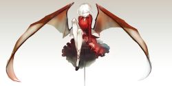 Rule 34 | 1girl, alternate costume, bat wings, dress, female focus, full body, gradient background, high heels, highres, kosnos, remilia scarlet, shoes, short hair, simple background, sitting, solo, tmt, touhou, white hair, wings