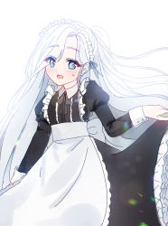 Rule 34 | 1girl, apron, asymmetrical bangs, bad id, bad pixiv id, black dress, blush, collared dress, dress, eyes visible through hair, hair over one eye, juliet sleeves, long hair, long sleeves, maid, maid headdress, mamel 27, one side up, open mouth, original, puffy sleeves, silver hair, simple background, skirt hold, solo, sweat, very long hair, white apron, white background