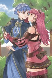 Rule 34 | 2girls, blue hair, blue sky, braid, bush, couple, dress, eye contact, fire emblem, fire emblem: three houses, gloves, holding hands, hand on another&#039;s chin, highres, hilda valentine goneril, imminent kiss, interlocked fingers, looking at another, marianne von edmund, multiple girls, nintendo, pink hair, radiostarkiller, sky, smile, tree, twintails, yuri
