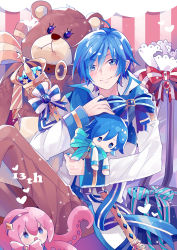 Rule 34 | 1boy, anniversary, blue eyes, blue hair, blue scarf, box, brown pants, character doll, coat, commentary, doll, gift, gift box, heart, holding, holding doll, kaito (vocaloid), linch, looking at viewer, male focus, megurine luka, octopus, pants, pink hair, ribbon, scarf, scepter, sitting, smile, striped, striped background, stuffed animal, stuffed toy, takoluka, teddy bear, vocaloid, wallpaper (object), white coat