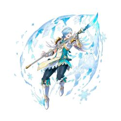 Rule 34 | 1boy, armor, attack, blue hair, feather trim, fingerless gloves, fire emblem, fire emblem fates, fire emblem heroes, gloves, gold trim, hair over one eye, holding, holding polearm, holding weapon, ice, light blue hair, male focus, nintendo, official alternate costume, official art, polearm, shigure (fire emblem), shigure (resplindent) (fire emblem), short hair, shoulder armor, snowflakes, solo, teeth, vambraces, weapon, white background, white footwear, white gloves, yellow eyes