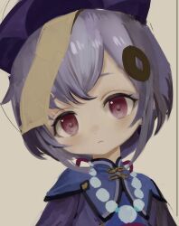 Rule 34 | 1girl, bad id, bad twitter id, blue jacket, closed mouth, coin hair ornament, commentary request, genshin impact, hair ornament, hat, head tilt, jacket, looking at viewer, medium hair, multicolored clothes, multicolored jacket, namuta, ofuda, ofuda on head, portrait, purple hair, purple hat, purple jacket, qingdai guanmao, qiqi (genshin impact), red eyes, simple background, solo, two-tone jacket