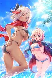 Rule 34 | &gt;:d, 2girls, :d, adjusting clothes, adjusting swimsuit, ahoge, ass, bikini, bikini day, blonde hair, blue bikini, blue sky, blush, bow, breasts, brown eyes, cleavage, commentary request, dark-skinned female, dark skin, day, double w, fate/grand order, fate (series), from side, front-tie bikini top, front-tie top, gloves, hair between eyes, hair bow, half updo, horizon, jacket, jacket on shoulders, konomi (kino konomi), large breasts, leaning forward, leg up, looking at viewer, multi-strapped bikini, multiple girls, navel, okita souji (fate), okita souji alter (fate), open mouth, outdoors, red scarf, scarf, side-tie bikini bottom, sideboob, sky, smile, sunlight, swimsuit, tassel, underboob, v-shaped eyebrows, w, water drop, white hair