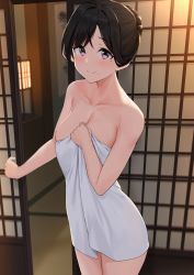 Rule 34 | 1girl, absurdres, anti (0324), bare arms, bare shoulders, blush, breasts, brown hair, cleavage, collarbone, commentary, hair bun, highres, holding, holding towel, indoors, lamp, looking at viewer, medium breasts, mole, mole under eye, mole under mouth, naked towel, original, purple eyes, shouji, single hair bun, sliding doors, smile, solo, standing, towel