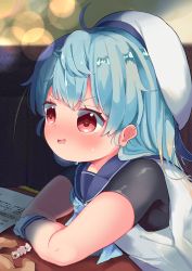 Rule 34 | 1girl, ahoge, beret, blue hair, blue neckwear, blue sailor collar, blush, brown hair, candy wrapper, commentary request, gloves, gradient hair, hat, highres, kantai collection, long hair, mugichoko (mugi no choko), multicolored hair, nose blush, out of frame, parted lips, red eyes, sado (kancolle), sailor collar, school uniform, serafuku, shirt, short sleeves, sleeveless, sleeveless shirt, solo focus, sweat, upper body, v-shaped eyebrows, wavy mouth, white gloves, white headwear, white shirt