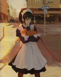 Rule 34 | 1girl, :o, apron, black dress, black hair, bob cut, brown eyes, car, city, collared dress, crosswalk, dated, dress, feet out of frame, food, fruit, holding, leash, long sleeves, looking ahead, maid, maid apron, maid headdress, motor vehicle, orange (fruit), original, outdoors, pantyhose, road, road sign, short hair, sign, solo, standing, street, sunset, truck, viewer holding leash, white apron, xilmo
