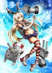 Rule 34 | 10s, 1girl, black panties, blonde hair, blue sky, crop top, dutch angle, elbow gloves, full body, gloves, hair ribbon, hairband, highleg, highleg panties, kantai collection, lens flare, lifebuoy, long hair, looking at another, machinery, microskirt, midriff, navel, neckerchief, ocean, open mouth, panties, rensouhou-chan, ribbon, sailor collar, shimakaze (kancolle), shiny skin, shirt, skindentation, skirt, sky, sleeveless, sleeveless shirt, solo, striped clothes, striped thighhighs, sun, swim ring, takeda hotaru, thighhighs, thong, underwear, very long hair, yellow eyes