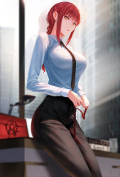Rule 34 | 1girl, black necktie, black pants, blurry, blurry background, braid, braided ponytail, breasts, business suit, chainsaw man, city, closed mouth, collared shirt, commentary request, desk lamp, formal, highres, holding, holding leash, indoors, lamp, large breasts, leash, light particles, long hair, long sleeves, looking at viewer, makima (chainsaw man), necktie, office lady, pants, pentagram, red hair, ringed eyes, sansan (dongfangzhong111), shirt, solo, suit, white shirt, yellow eyes