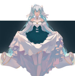 Rule 34 | 1girl, absurdres, amulet, bad id, bad pixiv id, bare shoulders, blue dress, cape, closed eyes, collarbone, commentary, detached sleeves, dress, facing viewer, feet out of frame, framed breasts, hair ornament, hatsune miku, highres, light smile, long hair, open mouth, princess, skirt, skirt hold, solo, standing, strapless, strapless dress, striped sleeves, thighhighs, tiara, twintails, very long hair, vocaloid, white skirt, white sleeves, white thighhighs, yaoku, yuki miku, yuki miku (2019)