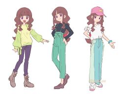 Rule 34 | 1girl, alternate costume, artist request, baseball cap, boots, brown hair, casual, digimon, digimon ghost game, female focus, full body, hat, long hair, looking at viewer, multiple views, open mouth, pants, solo, tsukiyono ruli, very long hair