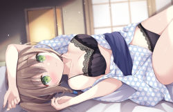Rule 34 | 1girl, arm up, bare shoulders, black bra, black panties, blurry, blurry background, blush, bra, breasts, brown hair, character request, cleavage, closed mouth, collarbone, commentary request, depth of field, futon, green eyes, hair between eyes, hand up, indoors, japanese clothes, kimono, lace, lace-trimmed bra, lace-trimmed panties, lace trim, lantern, long hair, lying, medium breasts, on back, on bed, panties, raramagi, satsuki yukimi, side ponytail, smile, solo, underwear, white kimono