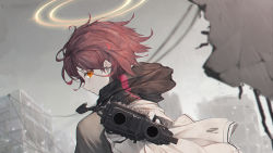 Rule 34 | 1girl, arknights, asa ni haru, black gloves, building, commentary request, day, exusiai (arknights), fingerless gloves, gloves, gun, halo, highres, holding, holding gun, holding weapon, jacket, long sleeves, looking at viewer, looking to the side, orange eyes, outdoors, pointing gun, rain, red hair, short hair, solo, upper body, weapon, white jacket