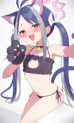 Rule 34 | 1girl, :d, animal ear fluff, animal ears, animal hands, antenna hair, bitseon, black bra, black gloves, black panties, blue archive, blue hair, blush, bow, bra, cat ears, cat lingerie, cat tail, collarbone, fang, flat chest, fubuki (blue archive), gloves, grey hair, hair bow, halo, highres, looking at viewer, meme attire, multicolored hair, open mouth, panties, paw gloves, pink halo, selfie, sitting, smile, solo, tail, twintails, two-tone hair, underwear, white bow