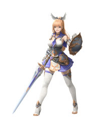 Rule 34 | 1girl, absurdres, armor, belt, blonde hair, blue eyes, blue sailor collar, boots, braid, breasts, choker, collarbone, commentary, elbow gloves, full body, gloves, gwang-beom kho, high heel boots, high heels, high ponytail, highres, holding, holding sword, holding weapon, legs apart, long hair, looking at viewer, medium breasts, original, parted lips, realistic, sailor collar, shield, simple background, smile, solo, sword, thigh boots, thighhighs, valkyrie, weapon, white background, white footwear, white gloves, white thighhighs, white wings, wings