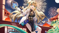 Rule 34 | 1girl, aqua eyes, architecture, arm support, bare legs, blonde hair, chinese commentary, chinese new year, chinese zodiac, clothing cutout, east asian architecture, eyewear on head, fence, fireworks, hand fan, highres, holding, holding fan, honkai (series), honkai impact 3rd, jacket, jewelry, long hair, looking at viewer, miyu10366, night, open clothes, open jacket, ring, second-party source, solo, songque (honkai impact), white sleeves, year of the dragon