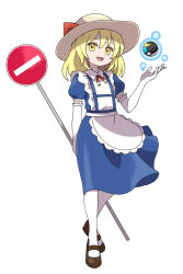 Rule 34 | apron, asatsuki (fgfff), blonde hair, blue dress, bow, brown footwear, dress, elbow gloves, frilled apron, frills, full body, gloves, happy, hat, hat bow, highres, kana anaberal, mary janes, medium hair, open mouth, poke ball, puffy short sleeves, puffy sleeves, red neckwear, red ribbon, ribbon, road sign, shoes, short sleeves, sign, simple background, standing, sun hat, touhou, touhou (pc-98), white apron, white background, white gloves, white legwear, yellow eyes