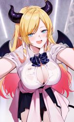 Rule 34 | 1girl, absurdres, alternate costume, aya02ka, black skirt, blonde hair, blue eyes, breast tattoo, breasts, cleavage, clothes around waist, collared shirt, commentary request, demon girl, demon horns, demon wings, gradient hair, happy, heart, heart tattoo, highres, hololive, horns, jacket, jacket around waist, long hair, looking at viewer, multicolored hair, open mouth, outstretched arms, partially unbuttoned, pink hair, pink jacket, pleated skirt, pointy ears, see-through, see-through shirt, shirt, short sleeves, skirt, smile, solo, tattoo, two-tone hair, unbuttoned, unbuttoned shirt, virtual youtuber, wings, yuzuki choco