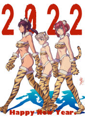 Rule 34 | 2022, 341 sentoudan, 3girls, :&lt;, animal ears, animal hands, animal print, bikini, black lagoon, blue eyes, blunt bangs, breasts, brown eyes, brown hair, chinese zodiac, closed mouth, collarbone, commentary request, creator connection, crossover, dark-skinned female, dark skin, ermina shaumaher, fake animal ears, fake tail, fur-trimmed bikini, fur-trimmed gloves, fur-trimmed legwear, fur collar, fur trim, gloves, grey hair, hair between eyes, hair intakes, happy new year, highres, hiroe rei, large breasts, long hair, looking at viewer, looking away, medium breasts, meteora osterreich, multiple crossover, multiple girls, navel, new year, parted lips, paw gloves, ponytail, print bikini, print gloves, print legwear, purple eyes, re:creators, red hair, revy (black lagoon), shadow, short hair, sidelocks, signature, small breasts, smile, swimsuit, tail, thighhighs, tiger ears, tiger girl, tiger paws, tiger print, tiger tail, walking, white background, year of the tiger