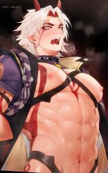 Rule 34 | 1boy, abs, arataki itto, bara, blush, bracelet, breast tattoo, breasts, chest strap, chest tattoo, collar, earrings, facial tattoo, fangs, genshin impact, hands behind, heavy breathing, highres, horns, huge breasts, jewelry, long hair, looking down, male focus, man boobs, multicolored hair, muscular, muscular male, navel, nipples, oni, oni horns, open mouth, pectoral cleavage, pectorals, red eyes, red hair, spiked collar, spikes, surprised, sweat, tattoo, tattoo on chest, upper body, white hair, yebiusd