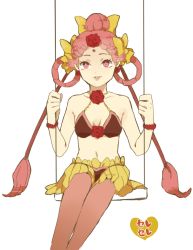 Rule 34 | amazoness quartet, bikini, bishoujo senshi sailor moon, bow, bracelet, breasts, cerecere (sailor moon), character name, earrings, flower, forehead jewel, hair bow, hair bun, hair rings, halterneck, heart, jewelry, leggings, navel, pink eyes, pink hair, pink leggings, rose, simple background, single hair bun, sitting, skirt, small breasts, smile, solo, swimsuit, swing, tin pa78, twintails, white background, yellow skirt