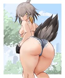 1girl ass ass_focus bird_tail black_gloves black_hair border commentary denim denim_shorts english_commentary from_behind gloves green_eyes hair_between_eyes highres kemono_friends kneepits light_frown long_hair multicolored_hair no outdoors rakeemspoon shoebill_(kemono_friends) short_shorts shorts sidelocks solo standing tail thighs white_border