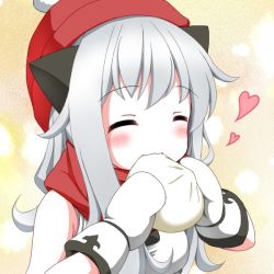 Rule 34 | 10s, 1girl, ^ ^, bad id, bad pixiv id, closed eyes, colored skin, dumpling, eating, food, hat, heart, horns, john koubou, kantai collection, mittens, northern ocean princess, red hat, red scarf, scarf, silver hair, solo, upper body, white skin