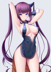 1girl armpits bare_shoulders black_dress blue_eyes blunt_bangs blush breasts china_dress chinese_clothes cleavage detached_sleeves dress fate/grand_order fate_(series) hair_ornament halterneck highres large_breasts long_hair looking_at_viewer purple_hair sidelocks simple_background solo thighs twintails very_long_hair yang_guifei_(fate) yang_guifei_(second_ascension)_(fate) yuunagi_(0217)