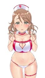 Rule 34 | 1girl, aimobake, bad id, bad twitter id, blush, bra, breasts, breasts squeezed together, brown hair, clothing cutout, collar, commentary, cowboy shot, detached collar, frilled bra, frills, green eyes, half-closed eyes, hat, heart, heart cutout, heart print, highres, idolmaster, idolmaster cinderella girls, large breasts, looking at viewer, medium hair, navel, nurse cap, open mouth, panties, simple background, solo, standing, string panties, swept bangs, thigh strap, underwear, underwear only, white background, white collar, white hat, white panties, yanagi kiyora