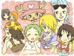 Rule 34 | 6+girls, antlers, blouse, blush, breasts, cleavage, earrings, eating, franky (one piece), genderswap, genderswap (mtf), hat, horns, jewelry, monkey d. luffy, multiple girls, nami (one piece), nico robin, one piece, overalls, pink hat, pointy nose, roronoa zoro, sanji (one piece), shirt, single earring, smoking, tomato, tony tony chopper, top hat, translation request, usopp, whisk, white shirt, yukke