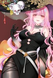 Rule 34 | 1girl, artkouchiku, black dress, black gloves, black headwear, black pantyhose, breasts, cleavage, commentary, covered navel, dress, english commentary, fangs, gloves, hat, highres, hololive, hololive english, large breasts, long hair, looking at viewer, mori calliope, navel, open mouth, pantyhose, pink hair, red eyes, skull, smile, virtual youtuber, witch, witch hat