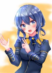 Rule 34 | 1girl, :d, absurdres, black necktie, blue eyes, blue hair, blue jacket, blush, gotland (kancolle), gotland andra (kancolle), highres, jacket, kantai collection, lcel, long hair, looking at viewer, military, military uniform, necktie, open mouth, smile, solo, uniform, upper body