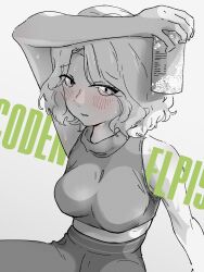 Rule 34 | 1girl, alcohol, arm over head, blush, breasts, can, drink, drunk, english text, exercising, greyscale, highres, holding, holding drink, large breasts, looking at viewer, midriff, monochrome, original, pants, parted lips, ptlegoluke, short hair, simple background, sleeveless, sleeveless turtleneck, sportswear, sweat, turtleneck, white background, workout clothes