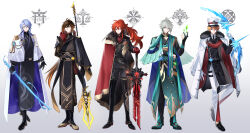Rule 34 | 5boys, ahoge, aiguillette, alhaitham (genshin impact), antenna hair, arm behind back, armor, balance scale, belt, black belt, black cape, black footwear, black gloves, black jacket, black kimono, black necktie, black pants, blue cape, blue eyes, blue hair, boots, bow (weapon), brooch, brown eyes, brown hair, brown robe, cape, cleavage cutout, closed mouth, clothing cutout, coat, coat on shoulders, collared cape, collared shirt, commentary request, cross-laced footwear, crossed bangs, crystal, diluc (genshin impact), earrings, egasumi, epaulettes, expressionless, eyes visible through hair, floating hair, floral print, fold-over boots, full body, fur-trimmed coat, fur trim, gem, genshin impact, gloves, gold trim, gradient hair, green cape, green eyes, green footwear, green gemstone, green robe, grey hair, hair between eyes, hair intakes, hair over one eye, hand up, hat, high ponytail, highres, hiki yuichi, holding, holding bow (weapon), holding polearm, holding sword, holding weapon, jacket, japanese clothes, jewelry, kamisato ayato, kimono, lace-up boots, lapels, liquid weapon, long hair, long sleeves, looking at viewer, male focus, mitsudomoe (shape), mole, mole under mouth, multicolored hair, multiple boys, necktie, orange hair, pants, parted bangs, partially fingerless gloves, pauldrons, peaked cap, polearm, ponytail, popped collar, purple eyes, red cape, red eyes, red gemstone, red gloves, red hair, robe, sash, serious, shirt, short hair, shoulder armor, side cape, simple background, single earring, single pauldron, smile, standing, swept bangs, sword, tartaglia (genshin impact), tassel, tassel earrings, thigh boots, tomoe (symbol), torii, two-sided cape, two-sided coat, two-sided fabric, two-tone footwear, very long hair, vision (genshin impact), vortex vanquisher (genshin impact), weapon, weighing scale, white background, white cape, white coat, white gloves, white headwear, white pants, white shirt, wing collar, wolf&#039;s gravestone (genshin impact), zhongli (genshin impact)