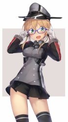 Rule 34 | 10s, 1girl, adjusting eyewear, anchor hair ornament, bespectacled, blonde hair, blue-framed eyewear, blush, breasts, contrapposto, cowboy shot, eyebrows, glasses, gloves, green eyes, hair between eyes, hair ornament, hat, kantai collection, looking at viewer, low twintails, medium breasts, metindone, military, military uniform, miniskirt, open mouth, peaked cap, pleated skirt, prinz eugen (kancolle), skirt, solo, standing, thighhighs, thighs, twintails, uniform, white gloves, zettai ryouiki