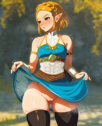 Rule 34 | 1girl, absurdres, adapted costume, bare shoulders, blonde hair, blue eyes, blush, braid, breasts, clothes lift, curvy, elf, glooz art, hair ornament, hairclip, highres, lifted by self, nintendo, no panties, pointy ears, princess zelda, pussy, short hair, sidelocks, skirt, skirt lift, small breasts, solo, the legend of zelda, the legend of zelda: tears of the kingdom, thick thighs, thighhighs, thighs, uncensored, wide hips