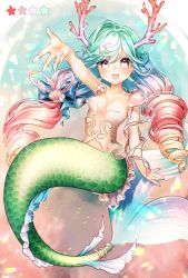 Rule 34 | bad id, bad twitter id, coral, drill hair, hand up, mermaid, mokokiyo (asaddr), monster girl, multicolored hair, original, ribbon, shell, smile, twin drills
