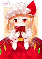 Rule 34 | 1girl, arms up, ascot, blonde hair, blush, box, covering own mouth, crystal, fingernails, flandre scarlet, frilled hat, frills, gift, gift box, hair between eyes, hat, hat ribbon, heart, holding, holding box, looking at viewer, mob cap, nail polish, orange background, pointy ears, puffy short sleeves, puffy sleeves, red eyes, red nails, red skirt, red vest, ribbon, sakizaki saki-p, shirt, short hair, short sleeves, side ponytail, skirt, solo, speech bubble, spoken blush, striped, striped background, touhou, upper body, valentine, vest, white shirt, wings, wrist cuffs, yellow ascot