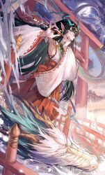 Rule 34 | 1girl, black hair, breasts, copyright request, detached sleeves, dragon, earrings, flute, green eyes, hair ornament, highres, holding, holding flute, holding instrument, instrument, japanese clothes, jewelry, long hair, playing flute, pointy ears, red skirt, ribbon-trimmed sleeves, ribbon trim, sideboob, skirt, tagme, tennozoku