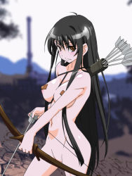 Rule 34 | 1girl, arrow (projectile), bandaid, bandaids on nipples, black hair, blush, bow (weapon), breasts, brown eyes, censored, convenient censoring, highres, large breasts, long hair, looking at viewer, pasties, quiver, smile, solo, the elder scrolls, the elder scrolls iv: oblivion, very long hair, weapon, yuukami (wittsu)