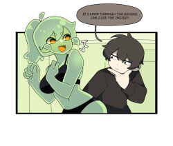 Rule 34 | 1boy, 1girl, armpits, bare shoulders, bikini, black bikini, black eyes, black hair, black shirt, breasts, cleavage, closed eyes, colored skin, colored speech bubble, colored tongue, english text, gomulgong, green skin, hand on own chin, large breasts, looking at another, midriff, monster girl, navel, open mouth, original, ponytail, shirt, slime girl, slime girl (gomulgong), speech bubble, swimsuit, thong bikini, yellow eyes, yellow tongue