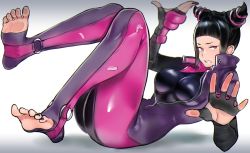 Rule 34 | 1girl, barefoot, biker clothes, bikesuit, black hair, bodysuit, box, drill hair, eye (mememem), feet, fingerless gloves, gloves, gradient background, han juri, in box, in container, looking at viewer, nail polish, pink eyes, simple background, solo, street fighter, street fighter v, toeless legwear, toenail polish, toenails, toes, trapped, twin drills