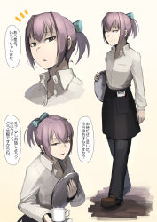 Rule 34 | 10s, 1girl, alternate costume, blue eyes, cup, hair ornament, hetza (hellshock), kantai collection, mecha musume, pants, personification, pink hair, ponytail, shiranui (kancolle), short hair, solo, translation request, tray, uniform, waitress