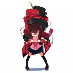 Rule 34 | 1girl, backpack, bag, black skirt, black thighhighs, brown footwear, chibi, clenched teeth, flute, frown, instrument, kanikama, luggage, mary janes, original, pink shirt, randoseru, recorder, shaded face, shirt, shoes, simple background, skirt, solo, sweat, teeth, thighhighs, twintails, white background