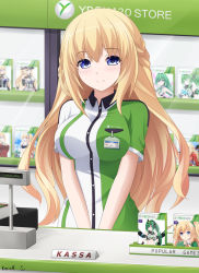 Rule 34 | 10s, 1girl, bismarck (kancolle), bismarck (kancolle) (cosplay), blonde hair, blue eyes, blush, brand name imitation, breasts, cosplay, cover, employee uniform, english text, finnish text, game console, green heart (neptunia), kantai collection, keenh, large breasts, long hair, looking at viewer, name tag, neptune (series), next green, russian text, smile, solo, uniform, vert&#039;s sister, vert (neptunia), video game, video game cover, xbox