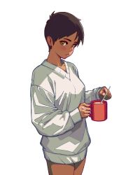 Rule 34 | 1girl, baggy clothes, blush, breasts, brown eyes, brown hair, coffee, coffee mug, commentary, cowboy shot, cup, dark-skinned female, dark skin, dioda38573760, drink, english commentary, expressionless, extraction, from side, highres, holding, holding cup, holding drink, holding spoon, light frown, lois lane, long sleeves, looking at viewer, looking to the side, medium breasts, mug, my adventures with superman, no pants, short hair, simple background, solo, spoon, standing, stirring, superman (series), sweater, textless version, thick eyebrows, tomboy, v-neck, very short hair, white background, white sweater