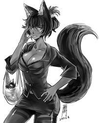 Rule 34 | 1girl, animal ears, antaria, bra, breasts, cat, cleavage, collarbone, dated, glasses, greyscale, hand on own hip, lace, lace-trimmed bra, lace trim, large breasts, looking at viewer, monochrome, office lady, pantyhose, parted lips, pencil skirt, shiny skin, signature, simple background, skirt, solo, tail, thighband pantyhose, underwear, white background