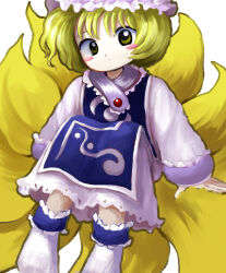 Rule 34 | 1girl, absurdres, blonde hair, blue tabard, blush stickers, closed mouth, dot mouth, dress, fox tail, frilled dress, frilled socks, frills, hat, highres, long sleeves, looking at viewer, medium hair, mob cap, multiple tails, print tabard, simple background, sitting, socks, solo, tabard, tail, touhou, white background, white dress, white socks, yakumo ran, yakumora n, yellow eyes, zun (style)